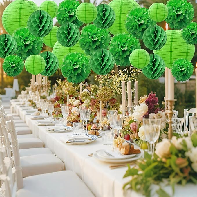 WOLHOWLTD Green Theme Paper Decoration Set - 34 pcs Lanterns,Pompoms,Honeycomb for Woodland,St. Patrick's,Jungle Theme, Wedding,Happy Birthday,Tropical Parties (Green)