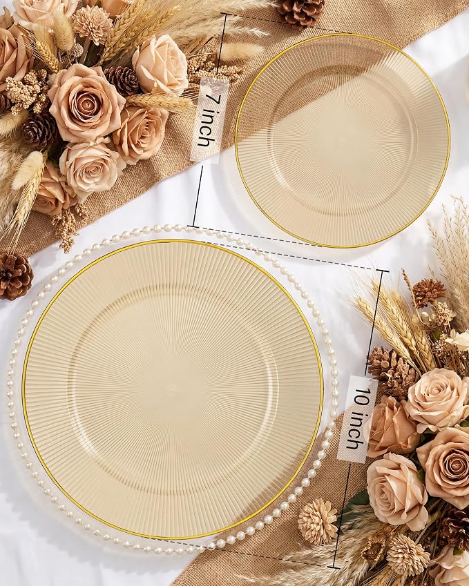Hioasis 60pcs Brown and Gold Plastic Plates - Brown Disposable Dinnerware Set, 30pcs Dinner 10in & 30pcs Dessert 7in Plates with Striped Designs for Party & Wedding