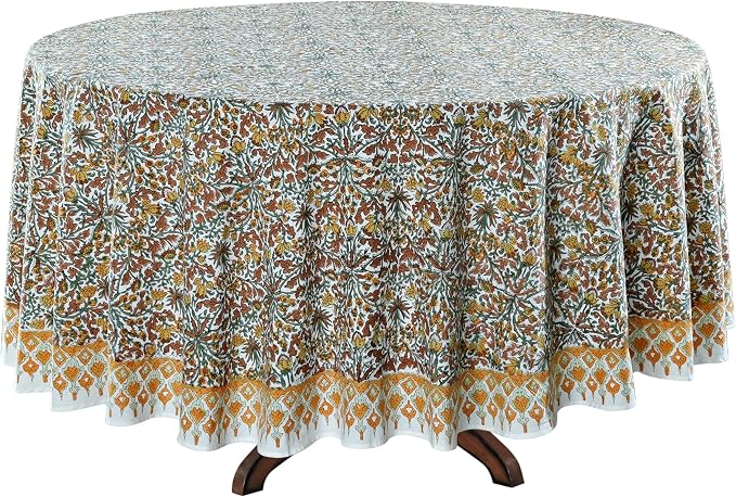 Ridhi Round Tablecloth Hand Block Print 100% Cotton Reusable Goldenrod Yellow 132 Inch Table Cover Decorative Everyday Use for Dining, Home, Party, Wedding, Farmhouse Gift for Spring, Mother's Day