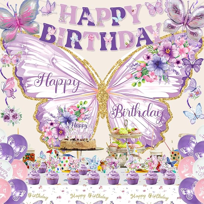 Roetyce Butterfly Birthday Decorations, Purple Happy Birthday Banner Backdrop Balloons Hanging Swirls Cake Topper for Home Party, Girls Women Butterfly Themed Party Suppiles Photo Background