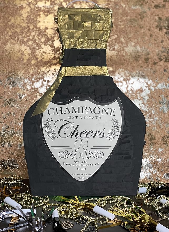 Jergrim Black and Gold Champagne Piñata with Stick 17”X11”X3” great for 21st Birthday, Decorations, Graduation, New Years & Wedding Props - Fits party favors