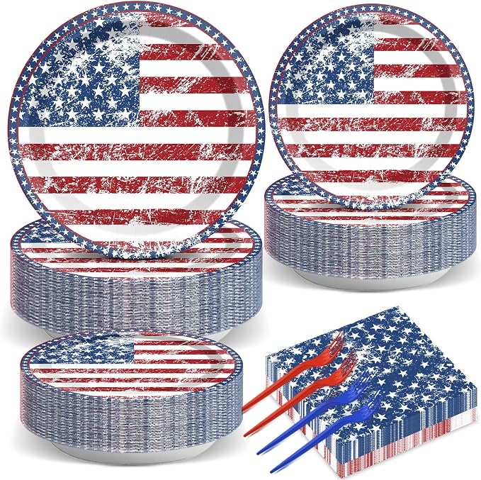 50 Guests 4th of July American Flag Patriotic Party Decorations Plates Napkins 250th Anniversary Themed Tableware Set Veterans Day Party Supplies Independence Paper Plates Napkins 200PCS