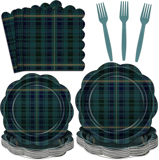 96 Pcs Tartan Plaid Baby Shower Plates and Napkins Set, Blue Green Baby Shower Party Supplies for 24 Guests include Disposable Green Tartan Scalloped Plates, Napkins and Forks for Baby Shower Wedding