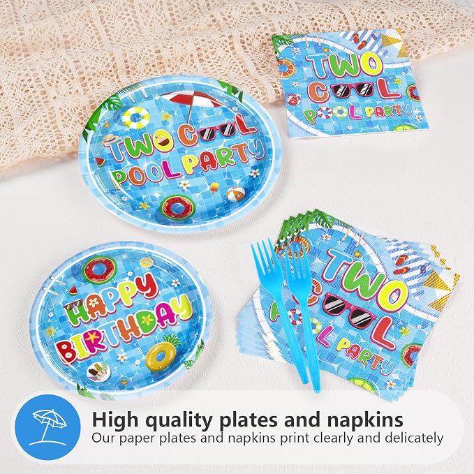 96Pcs Two Cool Pool Birthday Party Decorations Summer Swimming 2nd Party Plates Disposable Beach 2nd Birthday Tableware for Summer Beach Pool Swimming Kids 2 Years Old Hawaiian Decor, Serves 24