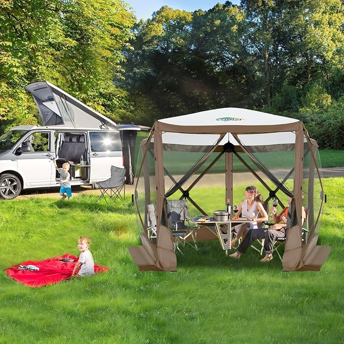 COBIZI 10x10 FT Pop up Gazebo, Popup Canopy Tent, Screened in Gazebos, Waterproof Portable Outdoor Small Screen Tents Sun Shelter,carpas para Patio for Camping, Garden and Backyard,Brown