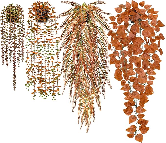 Der Rose 2Pcs Fake Fall Hanging Plants for Home Bathroom Wall Outdoor Decor | Orange eucalyptus vines for warm autumn decor accents, fall porch, patio, bathroom, kitchen wall and home entryway decor