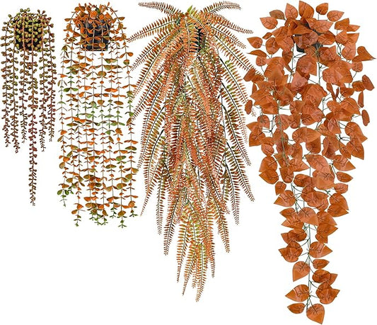 Der Rose 2Pcs Fake Fall Hanging Plants for Home Bathroom Wall Outdoor Decor | Orange eucalyptus vines for warm autumn decor accents, fall porch, patio, bathroom, kitchen wall and home entryway decor