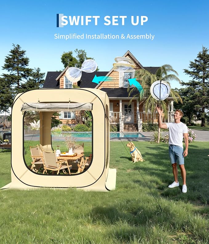 Garvee 6x6 Ft Outdoor All Weather Pop Up Tent, 2-3 Person Instant Tent Shelter, Rainproof Camping Sun Shelter Coldproof & Windproof for Patio, Backyard, Deck, Sports Events, Beige
