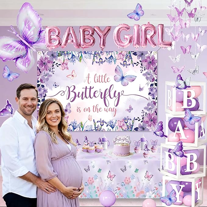 Purple Butterfly Baby Shower Decorations for Girl - Lavender Pink Party Supplies Include Balloon Garland Arch, Backdrop, Table Cover, 4 Boxes, Foil Balloons - A Little Butterfly is on the Way
