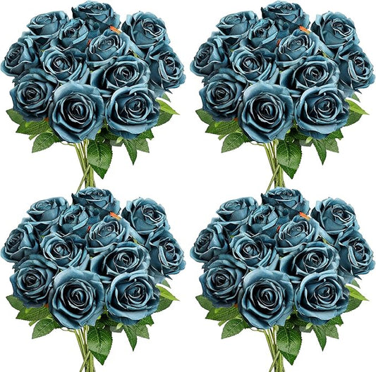 48 PCS Teal Roses Artificial Flowers - Fake Silk Floral with Long Stems Bulk for Table Centerpieces DIY Bouquet Arrangements Wedding Party Bridal Shower Vase Decorations