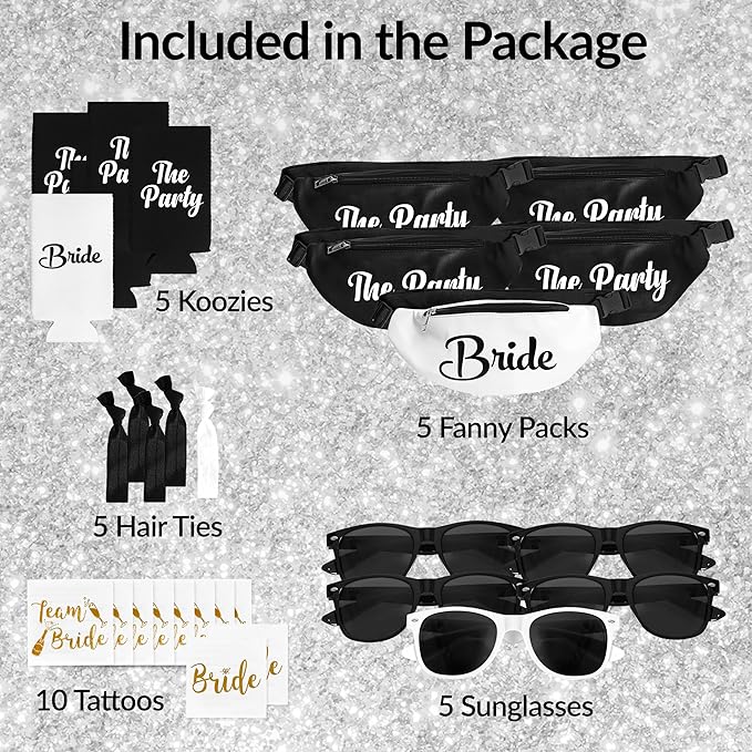 Bachelorette Fanny Packs | 30 Pc - Set of 5 Bachelorette Party Favors & Accessories | 1 Bride Fanny Pack + 4 'Party' Packs | Bachelorette Party Kit with Sunglasses, Koozies & Bridal Accessories