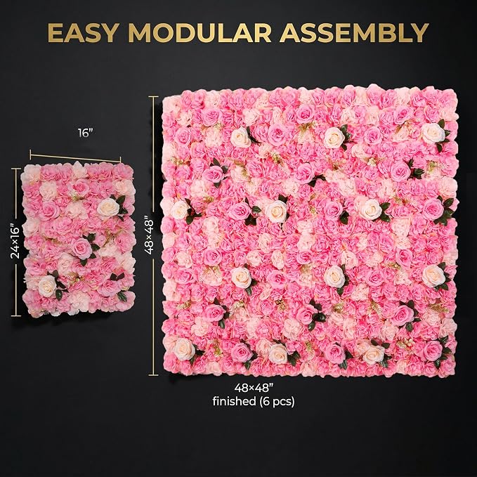 3D Flower Wall Backdrop 6 Pack, 24x16 Inch Deep Pink Artificial Rose Panels for Wedding, Party, Photo Studio, Home & Fence Decor