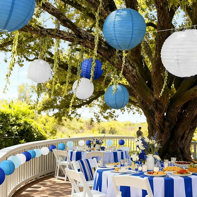 21Pcs Blue and Ivory Paper Lanterns Decorative, 6" 8" 10" Hanging Round Paper Lanterns for Bridal Shower Baby Shower Engagement Wedding Birthday Party