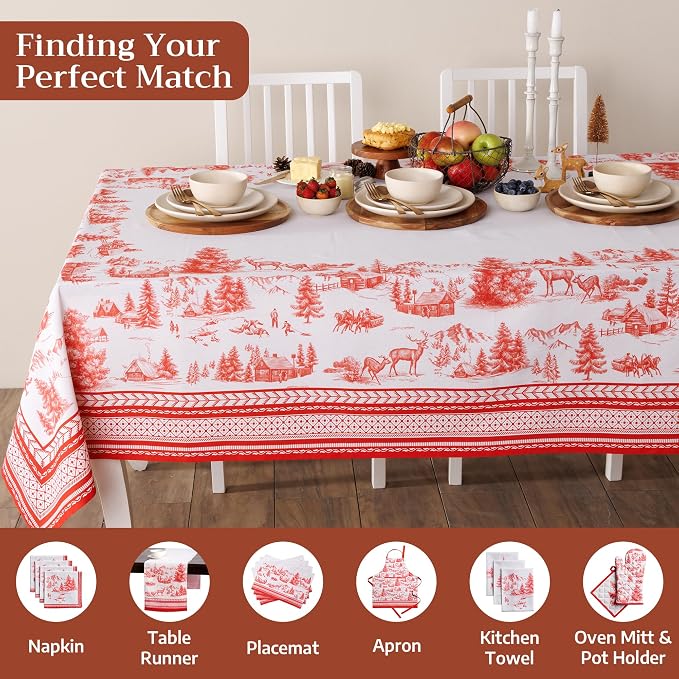 Maison d' Hermine Table Cloth Rectangle Table 100% Cotton 60 x 90 Inches Fall Tablecloth Reusable Everyday Use for Thanksgiving Christmas Decorations Dining Farmhouse Party (Winter Jouy)