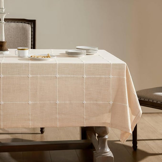 ZeeMart Grid Embroidered Hemmed Tablecloths, Cream 60x60 Inch, Farmhouse Style Heavy Weight Cotton Linen Cream Tablecloths, Boho Plaid Water Resistant Square Table Cloth