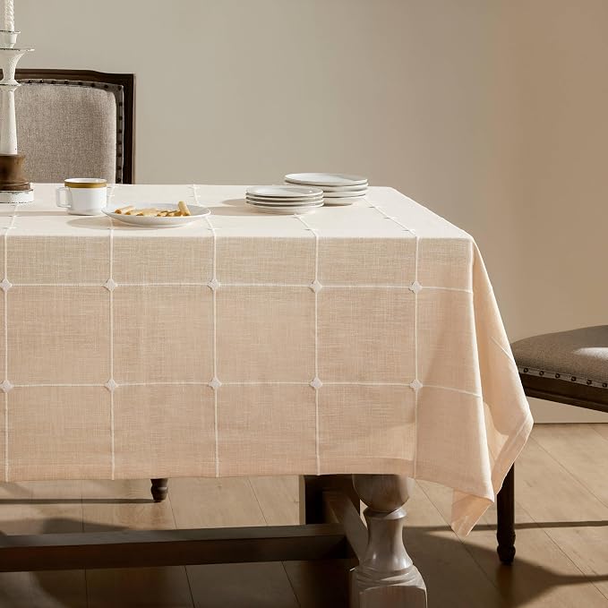 ZeeMart Grid Embroidered Hemmed Tablecloths, Cream 52x70 Inch, Farmhouse Style Heavy Weight Cotton Linen Cream Tablecloths, Boho Plaid Water Resistant Rectangle Table Cloth