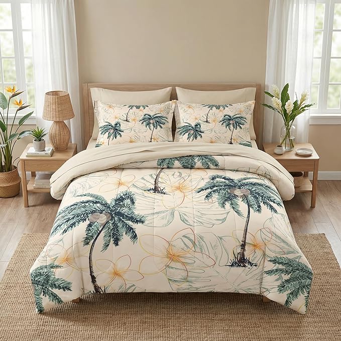 Pamnest Comforter Set King Size, Tropical Botanical Palm Summer 7 Pcs Bedding for Kids and Adults, Hawaiian Coconut Tree Bed Sheet Sets with Fitted Sheet 2 Pillowcase & 2 Sham for Bedroom Bed Decor