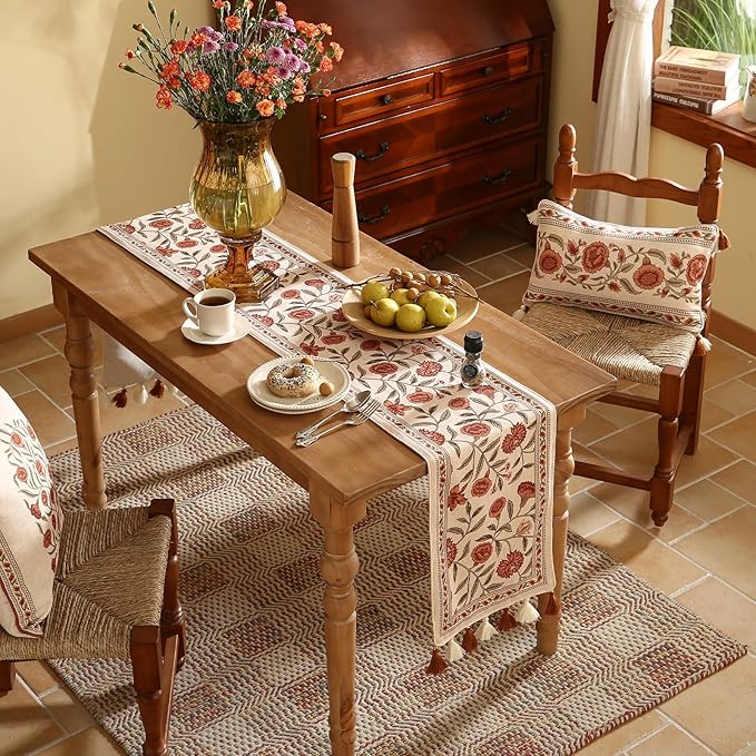 ISAENNE Designer Elegant Linen Table Runner 102 Inches Long,Vintage Orange Floral Pattern Table Runners for Dining Tables,Kitchen Decor,Thanksgiving,Christmas,Banquet,12"*102"-Alvarado A