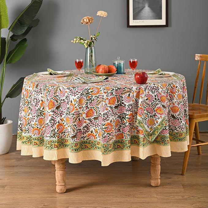 Hand Block Printed Tablecloth – Colorful Floral Print | 100% Cotton | Indian Artisan Handmade Art | Dining Room, Kitchen, Outdoor Décor, (Yellow Sunflower, 8 Seater 90 Inches Round)