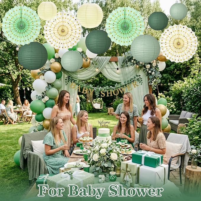 Sage Green Party Decorations Set with Hanging Paper Lanterns Fans for Bridal Baby Shower Wedding Women Girls 16th 21st Birthday Tea Party Supplies