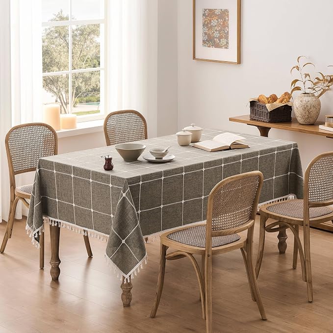 ZeeMart Boho Grid Table Cloth with Tassels (Cocoa Brown, 52" x 70"), Heavy Weight Linen Checked Embroidered Farmhouse Tablecloth, Water Resistant Rectangle Brown Tablecloths