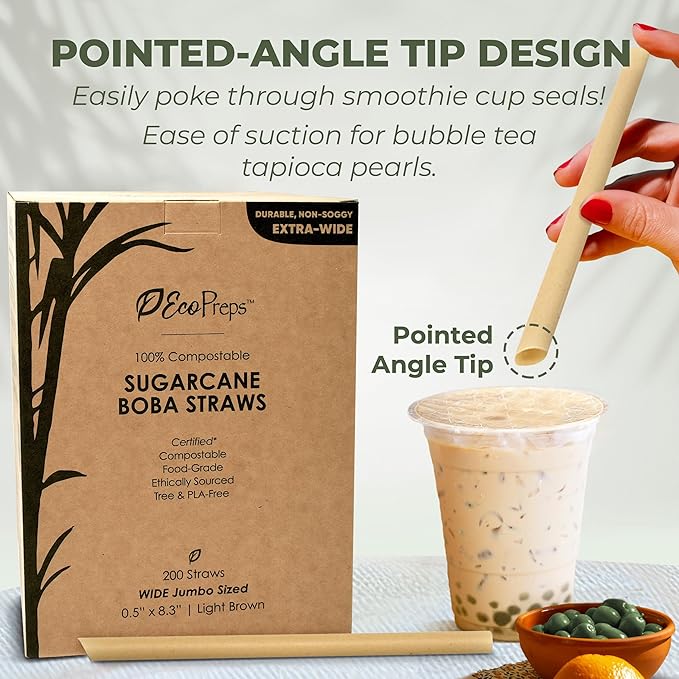 EcoPreps Biodegradable Jumbo Smoothie Straws, Sugarcane Boba Straws - 200 PCS, Extra Wide, 100% Compostable, Plastic-Free, Eco-Friendly Large Wide-Mouthed Straw - 8.25" Long Sugarcane Disposable Straw