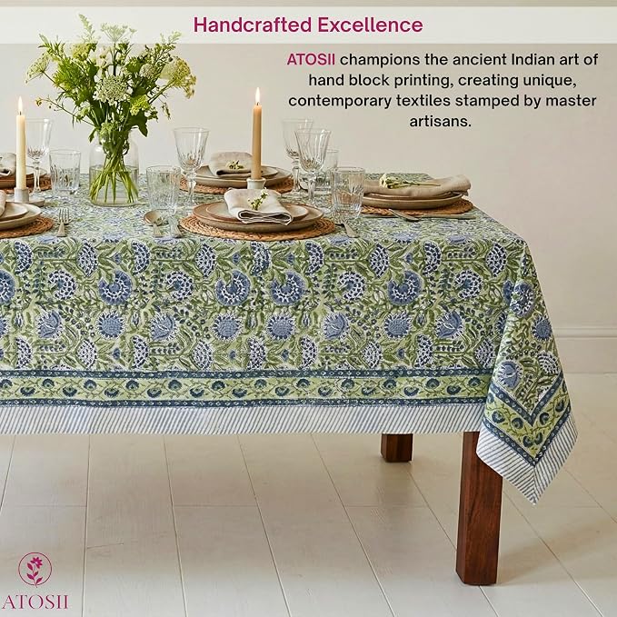 ATOSII Amara Green 100% Cotton Rectangle Fall Tablecloth, Handblock Floral Print Linen Table Cloth for Kitchen Dining I Parties, Weddings, Outdoors, Easter I Home Decor 60 X 90 Inches I 6 Seater