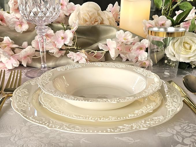 OCCASIONS 240 Pack (120 Guests) Fancy Vintage Disposable Plastic Plates Set, Heavy Duty Wedding Party Dinnerware, 120x10.25" Dinner, 120x7.5" Salad/Dessert, BPA Free, China-Like Look (Portofino Ivory)
