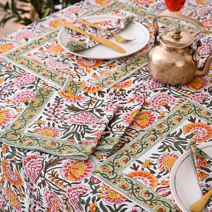 Hand Block Printed Tablecloth, Colorful Floral Print, Indian Artisan Handmade Art, Dining Room, Kitchen, Outdoor Décor, (Yellow Sunflower, 10 Seater 72 x 118 Inches Rectangle)
