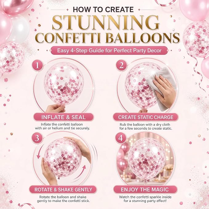 Balloon Column Stand Kit with 10inch Metallic Pink Confetti Balloons, Base&Pole,Balloon Column Kit for Floor&Table Decoration for Party Wedding Bridal Baby Shower Birthday