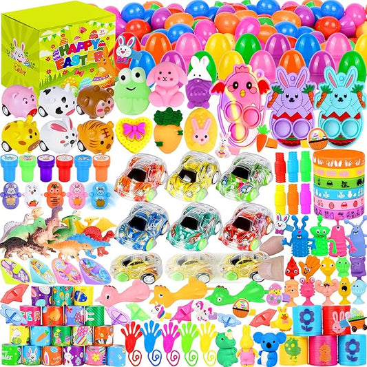 360 Pcs Easter Prefilled Egg Set, 120 Plastic Eggs with 240 Toys & Stickers Easter Hount Basket Stuffers, Party Favors for Kids Classroom Prize Supplies,Gift for Girls and Boys