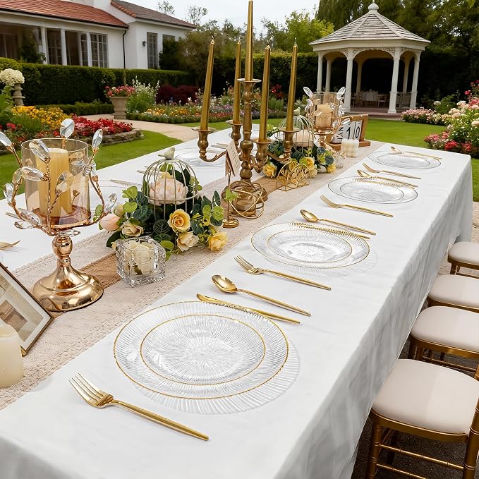 DaYammi 60Pcs Clear Plastic Plates with Gold Rimmed - Gold Disposable Plates Set Including 30pcs Dinner Plates,30pcs Dessert Plates with Radial Texture for Party & Wedding Dinner