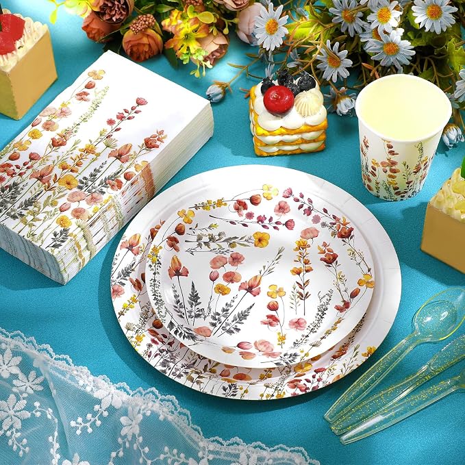 Sinmoe 400 Pcs Spring Wildflowers Plates and Napkins Set Paper Flower Dinnerware Disposable Party Supplies for 50 Guest Dinnerware Knife Fork Spoon for Spring Summer Birthday Baby Shower Party