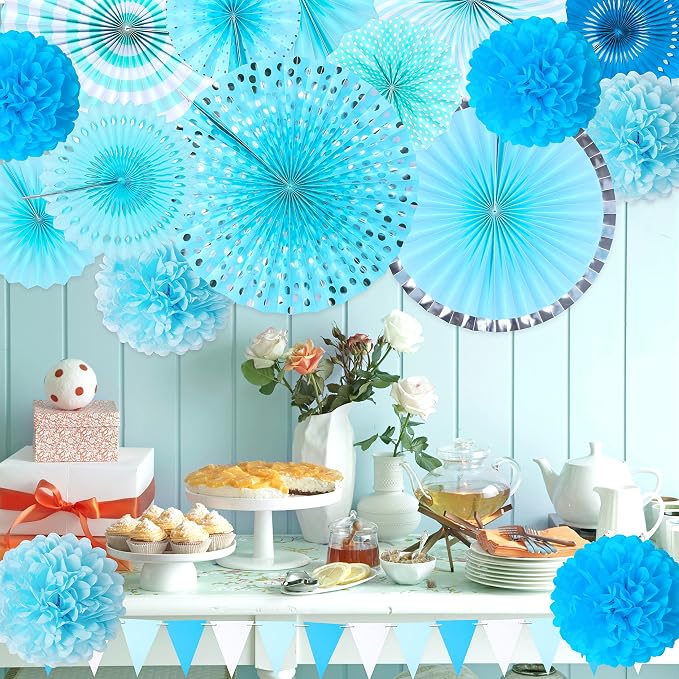 Moon Boat 35PCS Party Decorations Paper Fan Hanging Set - Birthday,Baby Shower,Wedding Decor (Blue)