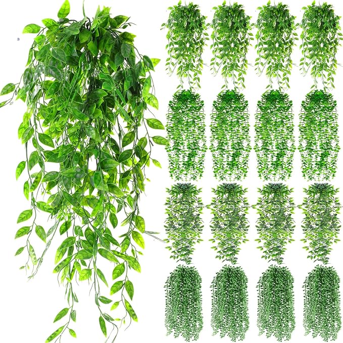 Daifunli 16 Pcs Artificial Hanging Plants Fake Hanging Ferns Plastic Fake Plants for Wall Room Garden Garland Indoor Outdoor Decor No Basket (Eucalyptus,Mandala,String of Pearls,Pea)