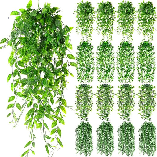 Daifunli 16 Pcs Artificial Hanging Plants Fake Hanging Ferns Plastic Fake Plants for Wall Room Garden Garland Indoor Outdoor Decor No Basket (Eucalyptus,Mandala,String of Pearls,Pea)