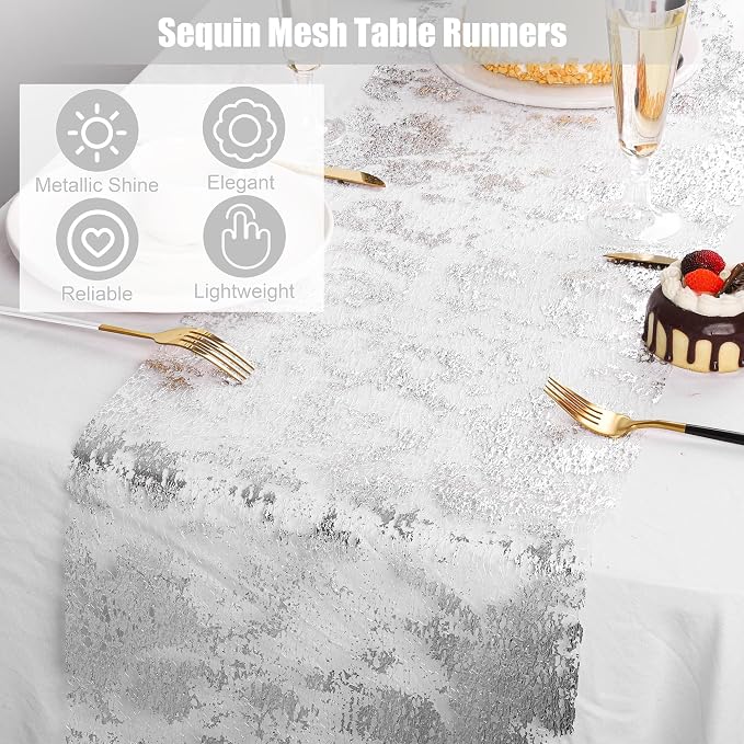 Aneco 12 Pieces Metallic Glitter Table Runner 84 x 11 Inches Silver Glitter Mesh Table Runners Sparkle Rectangle Runner Roll Decorations for Wedding Baby Shower Birthday, DIY Home Decor