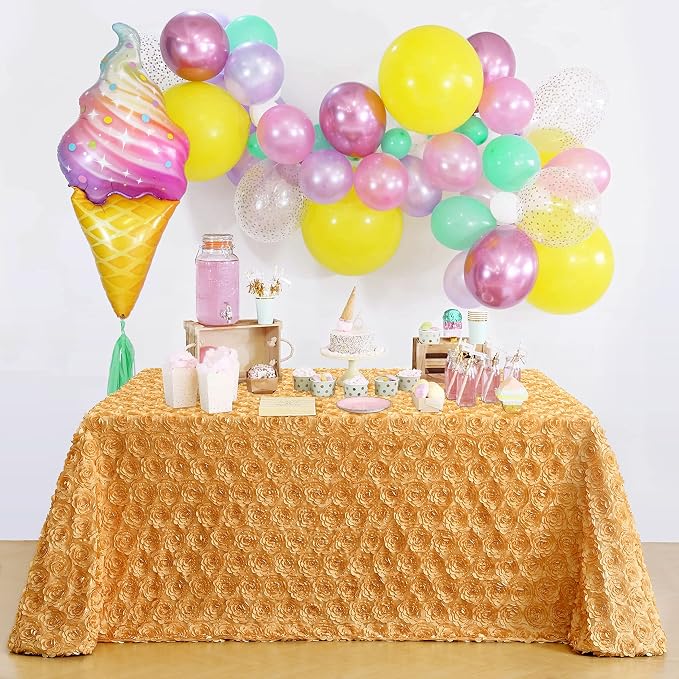 B-COOL Gold Tablecloth Rosette 90x132 Inch 3D Floral Wedding Table Fabric Rectangle Rose Satin Table Overlay for Birthday Wedding Anniversary Party Holiday Decorations