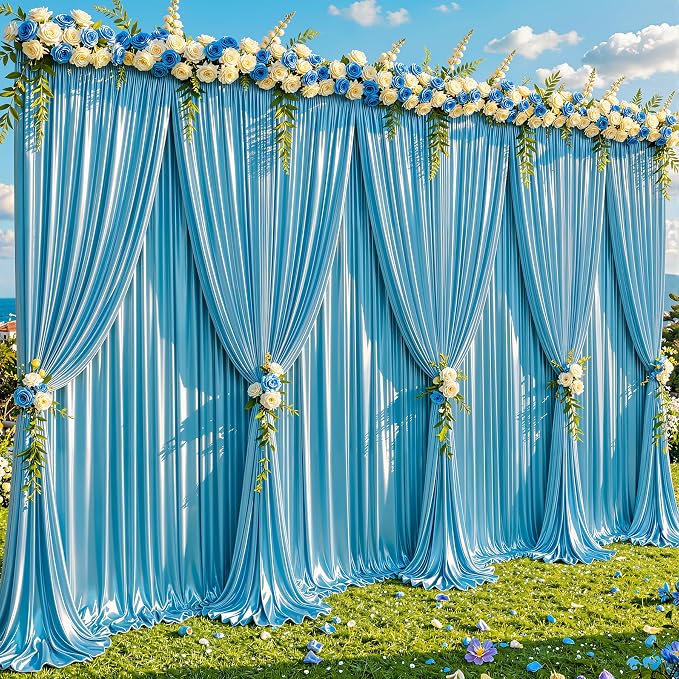 40x10ft Sky Blue Glitter Backdrop Curtain for Parties, Wrinkle Free Satin Photo Backdrop Drapes 8 Panels 5x10FT Shimmer Back Drop Cloth for Wedding Birthday Baby Shower Photography Background Decor
