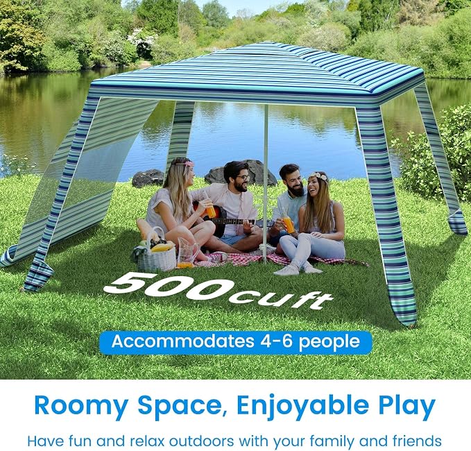 MoKo Beach Cabana, 8'×8' Large Beach Canopy with Side Wall, UPF 50+ Protection Easy Setup Beach Tent Sun Shelter, Adjustable Height Wind Resistant Cabana Beach Tent for Whole Family, Blue-Green Stripe