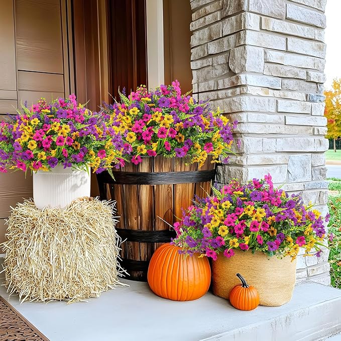 Alupssuc 24 Bundles Artificial Flowers for Outdoors Planters Spring Decoration, UV Resistant Faux Eucalyptus Violet and Lavender Silk Fake Plants for Outside Indoor Yard Home Patio Decor, Mix 3 Colors