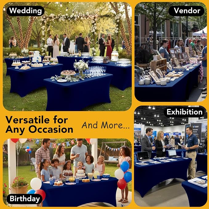 6-Pack Premium Navy Blue Spandex Tablecloths for 8ft Rectangle Tables, Stain & Wrinkle-Resistant, Washable Stretch Polyester Fitted Table Cover for Weddings, Banquets, Trade Shows Events