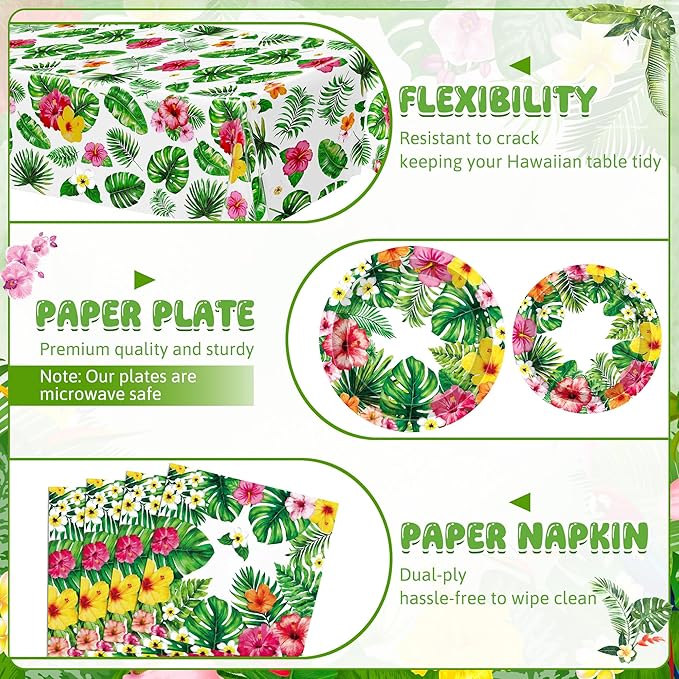 QZYL 122Pcs Luau Party Decorations, 30 Sets Paper Luau Plates and Napkins, Disposable 9" and 7" Hawaiian Party Decorations, Rectangle Hibiscus Palm Leaf Tableware for Summer Holiday Hawaiian Supplies