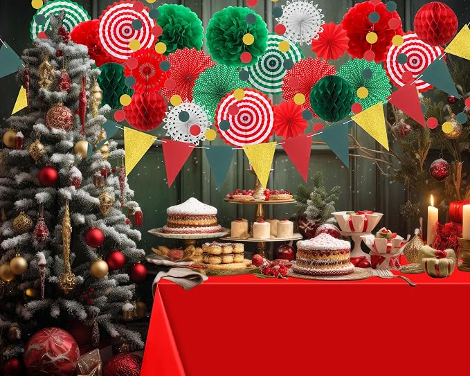 Fullhawl 27 Pcs Mexican Party Decoration, 6 Pack Disposable Tablecloth 21 Pcs Hanging Paper Fans, Pom Poms Flowers, Garland String Polka Dot and Triangle Flag Set for Birthday, Wedding, Carnival