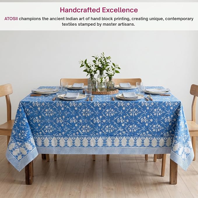 ATOSII Maya Blue 100% Cotton Rectangle Spring Summer Tablecloth, Handblock Floral Print Linen Table Cloth for Kitchen Dining I Parties, Weddings, Outdoors, Easter Decor 60 X 108 Inches, 8 Seater