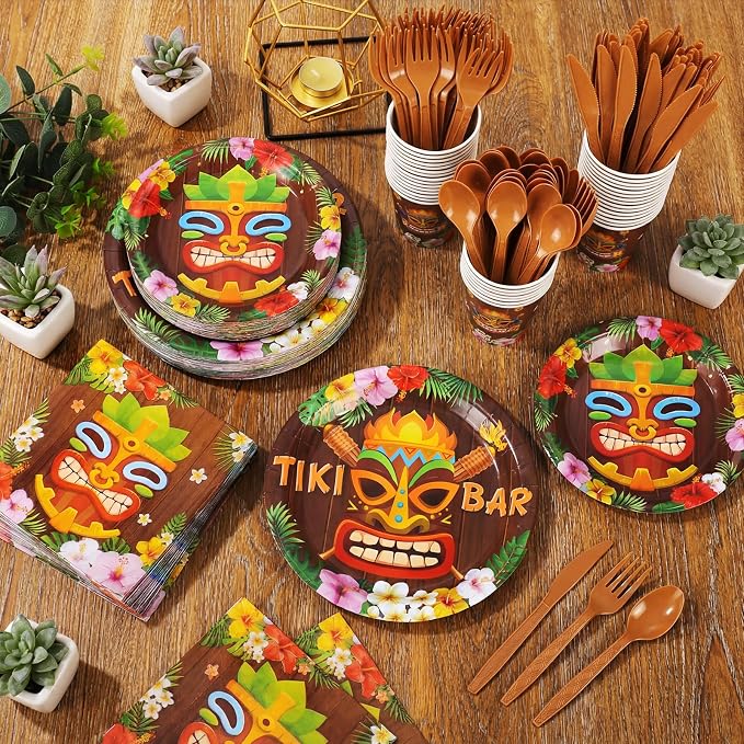 Pickmesh 400 Pcs Hawaiian Tiki Bar Party Supplies - Disposable Tiki Plates and Napkins, Cups and Cutlery Party Favor Hawaiian Luau Decorations for 50 Guests