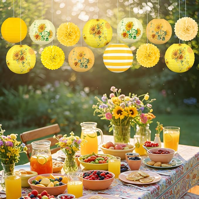 13PCS Sunflower Decor Paper Lanterns Pom Poms Summer Hanging Decor for Home Garden Indoor Outdoor
