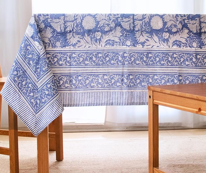 Blue Block Print Table Cloth- 60x108 Inch Rectangle 100% Cotton Handmade Pre-Shrink, Washable for Spring, Kitchen & Dining Perfect for Chirstmas Patio, Indoor & Outdoor, Farmhouse