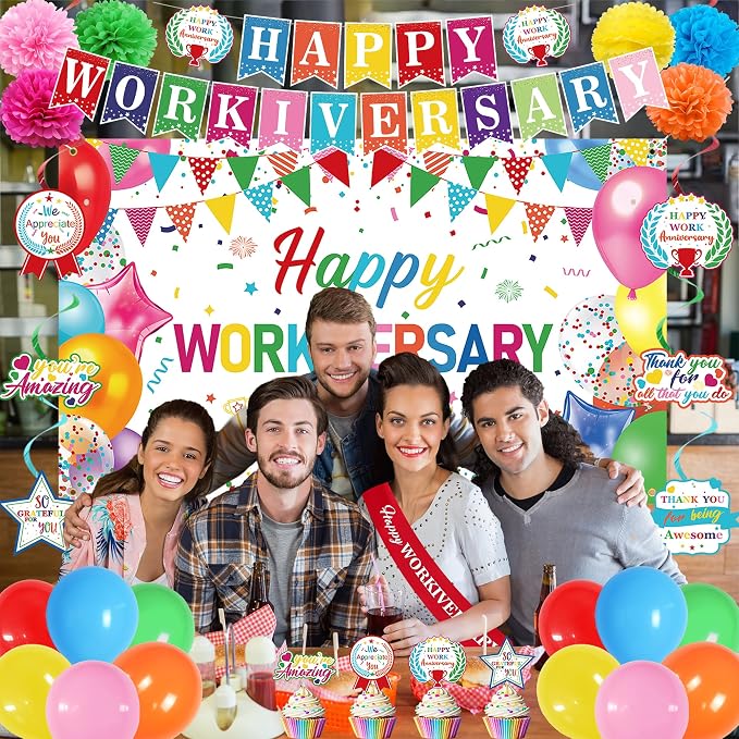DARUNAXY Happy Workiversary Party Decorations for Men Women, Colorful Happy Work Anniversary Banner Cake Topper Hanging Swirl Confetti Balloons Decor Set for Employee Office Party Supplies(31PC)