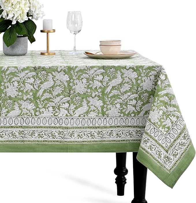 CPC Tablecloth 100% Cotton 70x118 Inch Indian Block Print Rectangle Table Cover, Table Cloth for Weddings, Spring/Summer, Barbeque - Olive Green